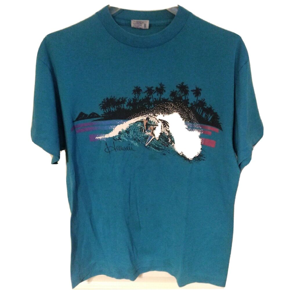 Hawaii Surfing Turquoise vtg Design Tees Single Stitch t shirt Tag L Large